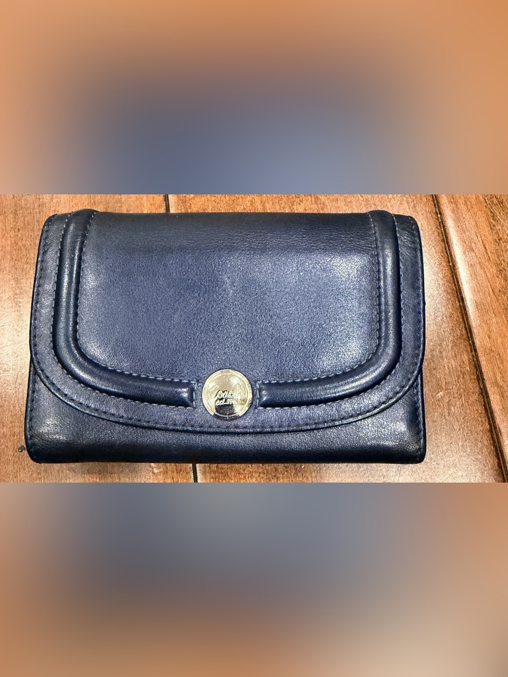 Coach Navy Leather Trifold Wallet with Gold Logo Snap